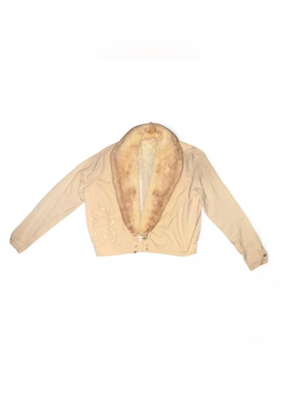 1950s True Vintage Cream Mink Fur Collar Cropped 100% Cashmere Jacket With Lace